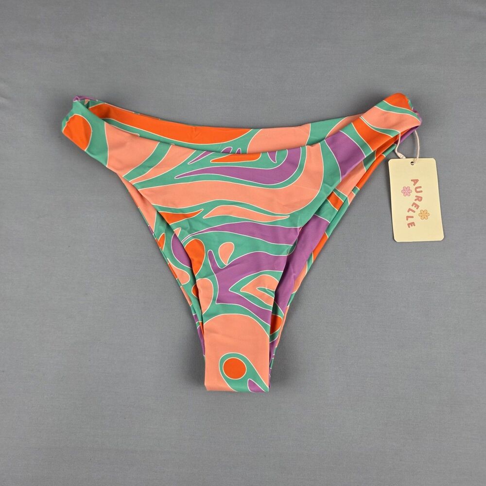 Cheeky Bikini Bottom High Cut Colorful Hippie Festival Swim Pool Bathing Suit M